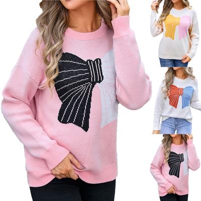 Women's Casual Fashion Comfortable Round Neck Pullover Contrast Color Bow Long Sleeve Street Trend Knitted Sweater