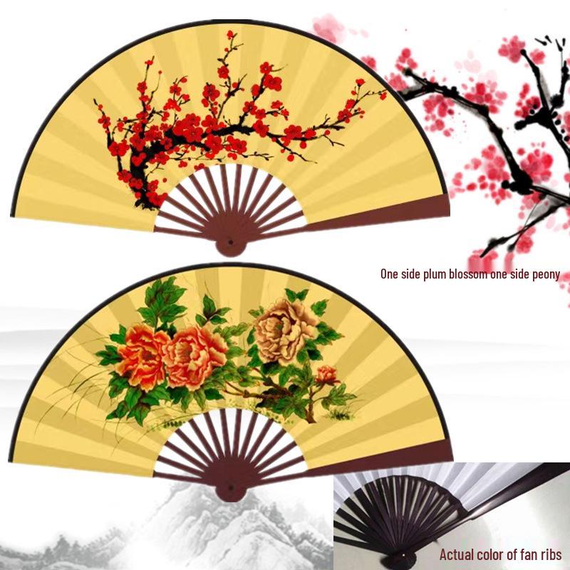 Consort Yang's Drunkenness Folding Fan - Plum Blossom, Peony, Pear Blossom Design with Peking Opera and Liangzhu Butterfly Themes