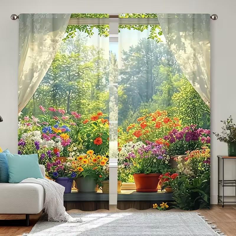 2 Pcs Windowsill flowers print curtains,suitable for bedroom,living room kitchen decoration,home decoration,window decoration