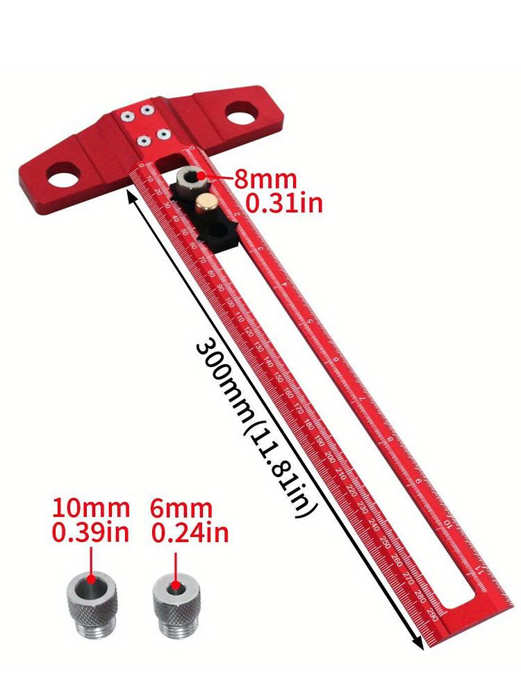 2 In1 Drilling Positioning Scoring Ruler Woodworking Aluminum Scriber Marking T Square Dowelling Jig with 6/10mm Drill Sleeve