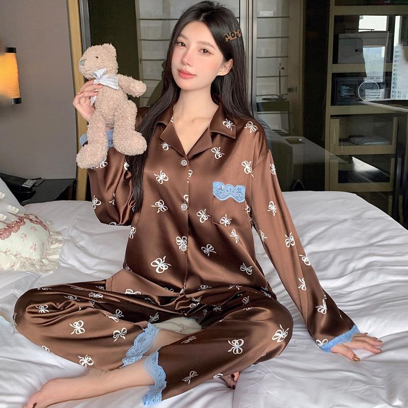 Silky Ice Silk Pajamas Women'S Spring And Autumn Cartoon Jiyika Wow Small Eight Long-Sleeved Casual Loungewear Two-Piece Set