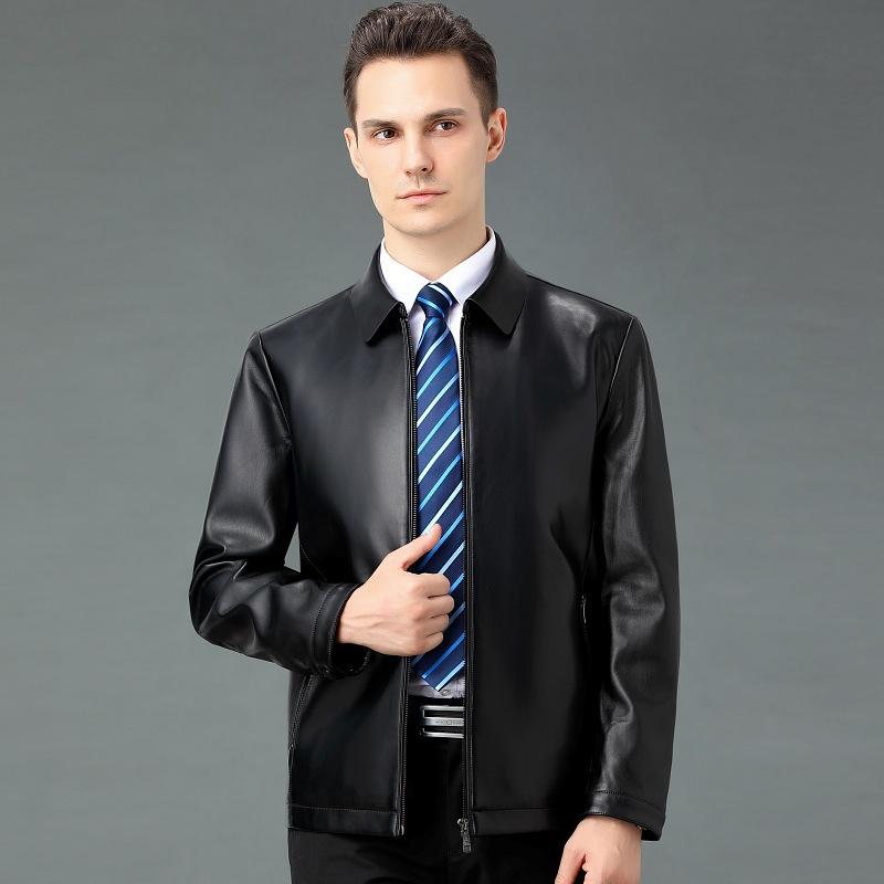 Spring New Sheepskin Single Leather Jacket for Young and Middle-aged Men with Velvet Short Lapel Solid Color Soft Leather Jacket
