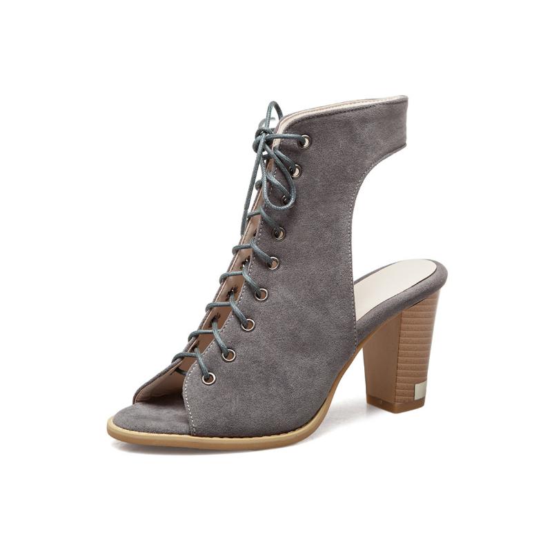 

Flock Front Lace Up Roman Sandals Women High Heels Shoes for Summer Sexy Open Toe Gladiator sandalias mujer Female Shoes WSH3900 35 сірий