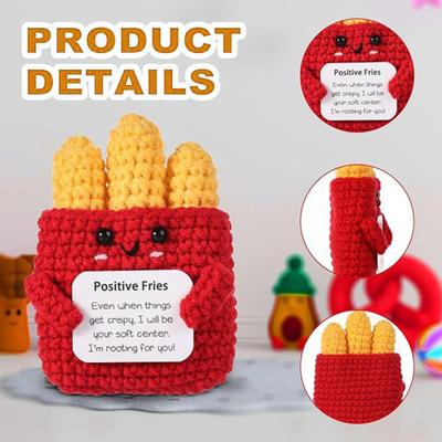 Positive Pommes Frites Häkelpuppe mit Karte Emotionale Strickunterstützung DIY Handgemachte Puppe Braten Essen Spielzeug Dekoration