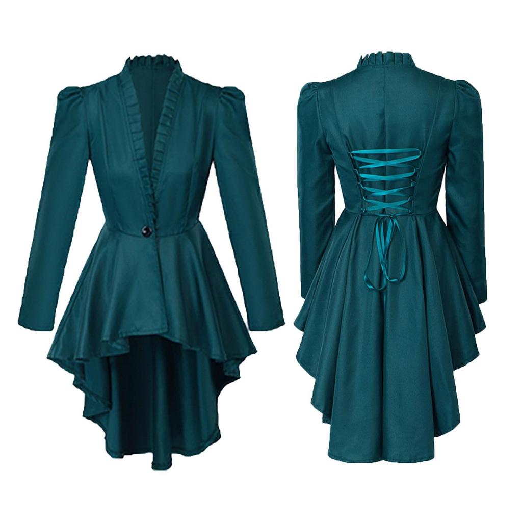 Halloween Carnival Dress Up Party Outfit Coat Medieval Victorian Dress Costume Women Tuxedo Tailcoat Gothic Steampunk Trench Hem