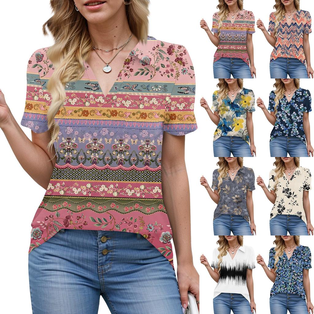 Damen Bluse Sommer Business Casual Arbeitstops Kurzarm Button-Down-Kragen V-Ausschnitt Bluse T-Shirt