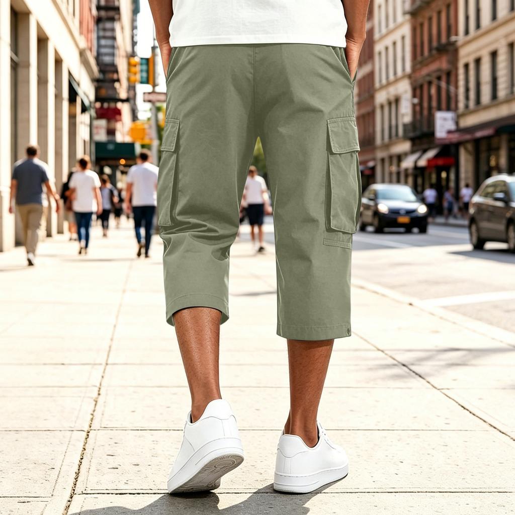 Men Drawstring Waist Multi Pocket Casual Capri Pants Loose Fit Knee Length Cargo Trousers for Outdoor Daily Wear
