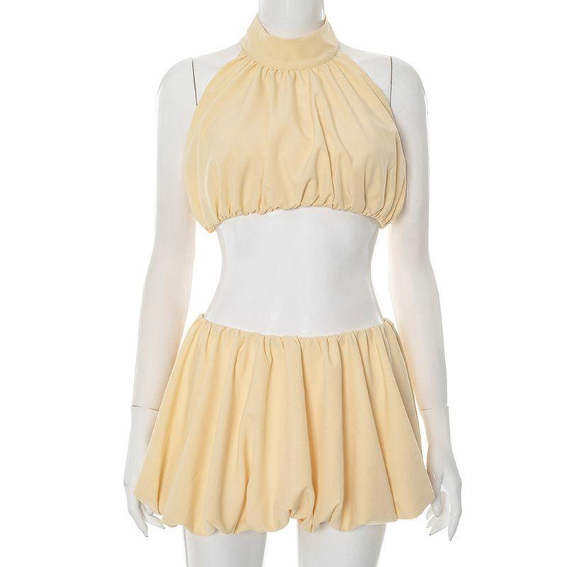 Outfitgirl5 Yellow Halter Backless Ultra Short Vest Bubble Skirt Short Skirt Casual Vacation Style Suit