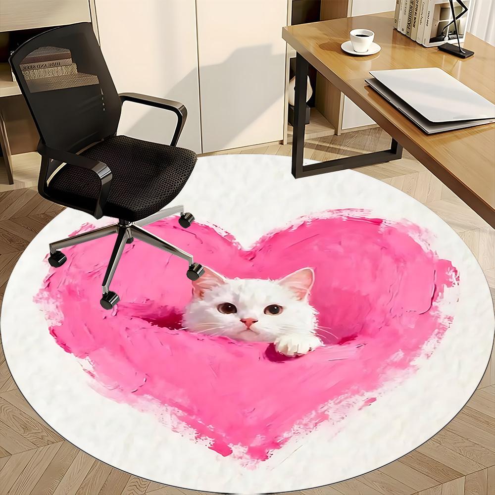 1PC Heart Cat Office Round Area Rug,  Mat Suitable ForOffice, Under Office Chairs Bedroom Living Room Home Decor, Room Deco