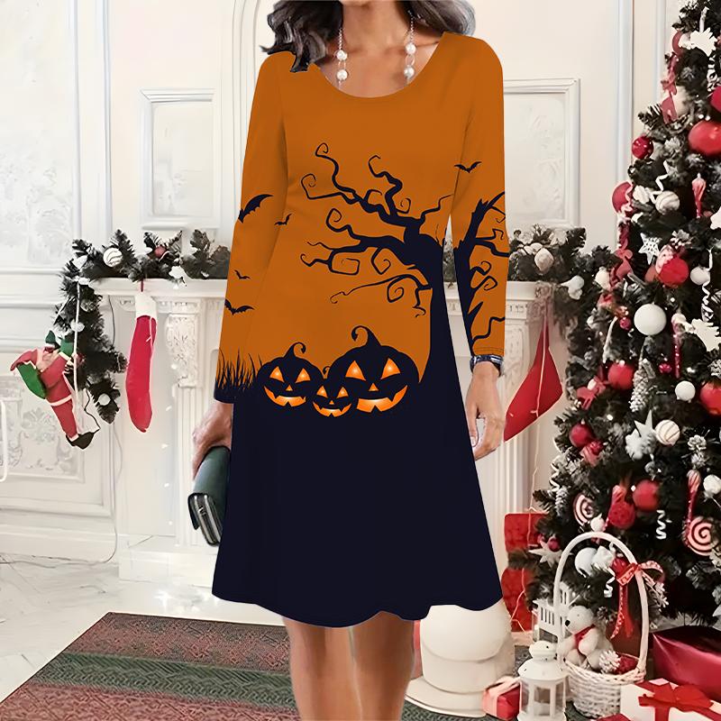 2025 Autumn & Winter Women's New Casual Crew Neck Dress 3D Halloween Pattern Ideal Halloween Christmas Gift