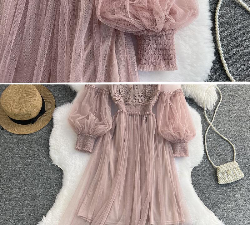 Three-Dimensional Floral Mesh Two-Piece Dress with Stand-Up Collar and Lantern Sleeves