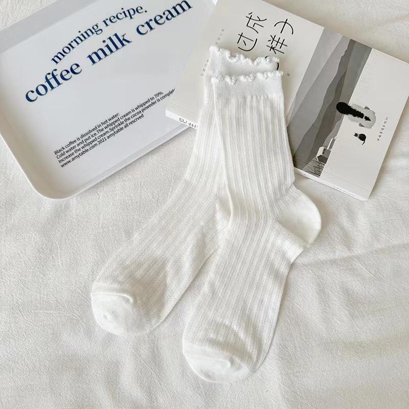 

Hollow Out Lace Mesh Socks for Women Ear Edge Pleated Mid-tube Breathable Lightweight Loose Socks Casual Sweety Fashion Stocking One Size білий