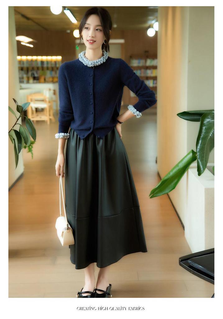 Women's Pure Wool Lace Ruffle Collar Knit Cardigan with Color Block Design