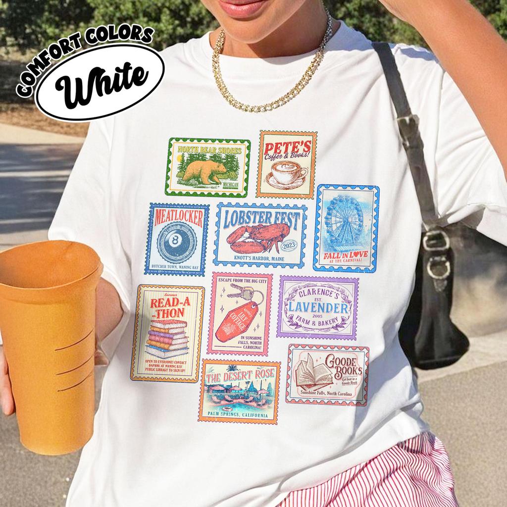Vintage Book Stamp Collection Printed American Lifestyle Style City Theme Fun Loose Short Sleeve Womens Tshirt