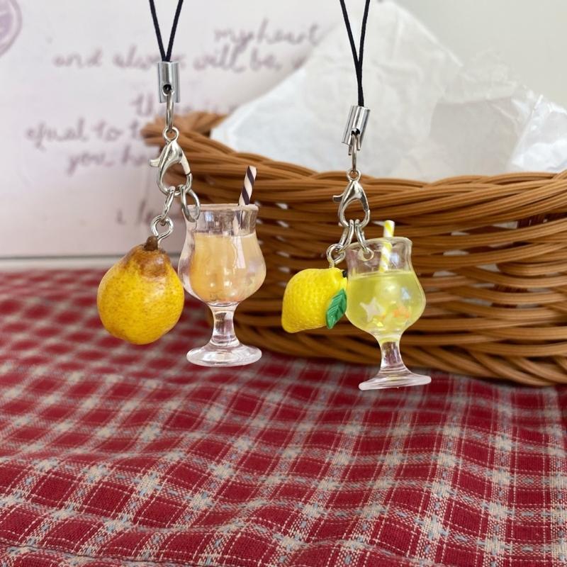 Miniature Drink Cup Keychain with Fruit Pendant Beaded Keyring Bag Accessories Gift for Women and Girls