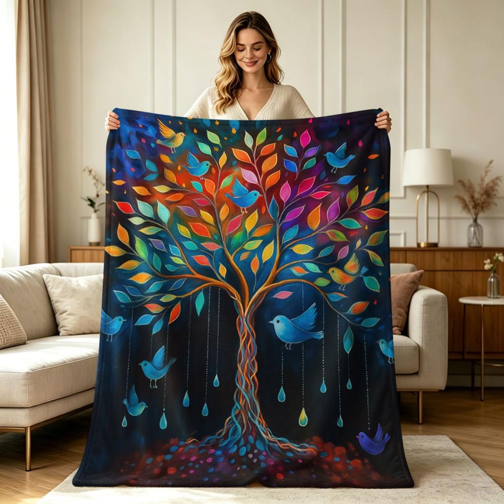 All Season Flannel Blanket with Colorful Tree and Bird Art Print Soft Warm Cozy Throw Blanket for Couch Sofa Living Room Bedroom Office Home Decorativ