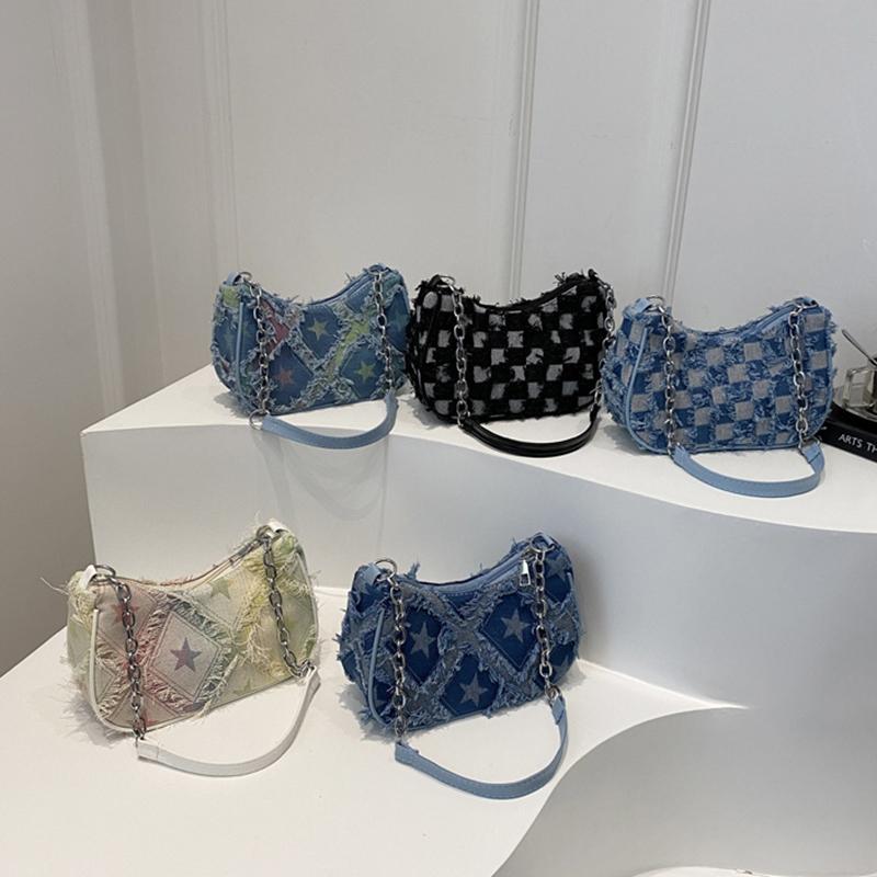 Womens Star Pattern Chain Decor Small Shoulder Bag Trendy Vintage Y2k Denim Underarm Bag Korean Star Women's Handbag Lady KTY