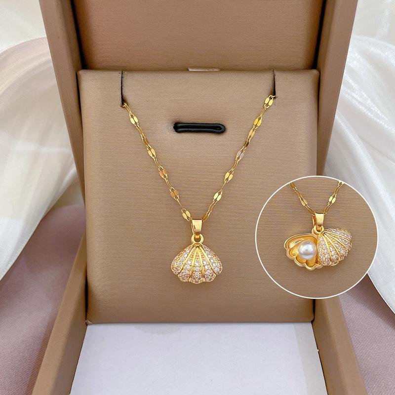 Fashion Shell Starfish Pearl Pendant Necklace for Women Stainless Steel Zircon Heart Clavicle Chain Summer Beach Jewelry Gift