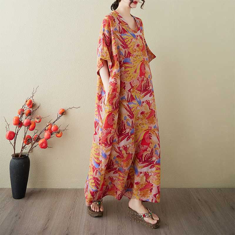 Vestido Largo Vintage para Mujer con Estampados de Algodón y Lino