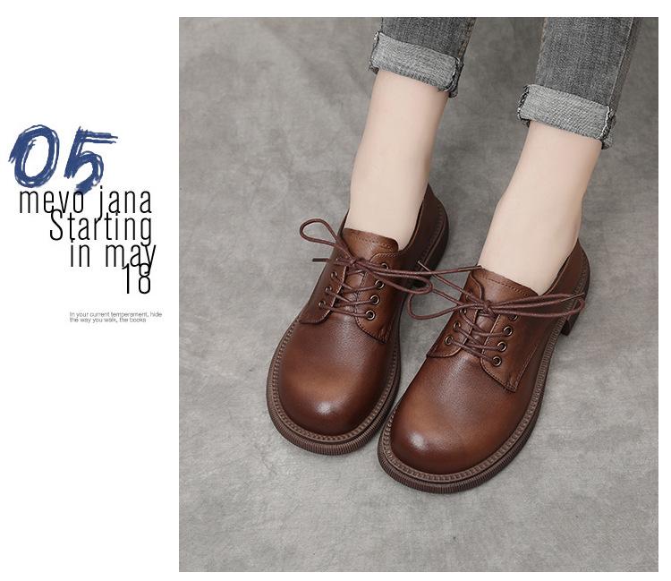 2023 Autumn Women's Genuine Leather Round Toe Lace-Up Flats with Soft Sole and Low Heel