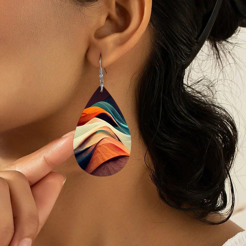 Colorful Mountain Abstract Painting PU Leather Earrings for Women Creative Lively Earrings Tears Earrings Jewelry Matching for Wedding Gift