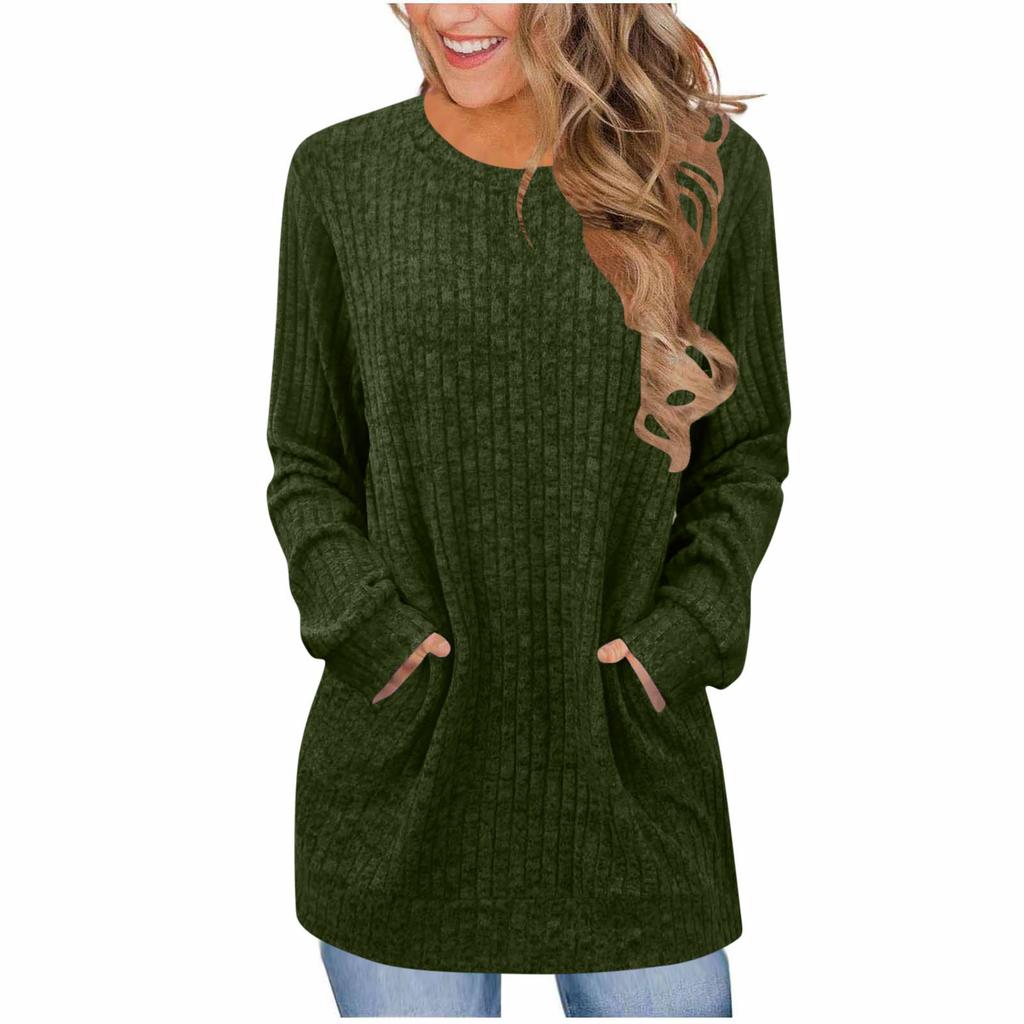 Women's Fashion Loose-Fit Round Neck T-Shirt Colour Pocketed Long-Sleeved Top