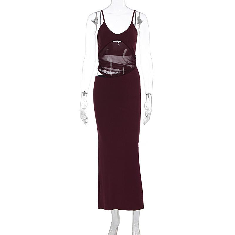 Women's perspective mesh hollowed suspender long dress slim and thin Spice Girls dinner hip wrap high-end dress skirt