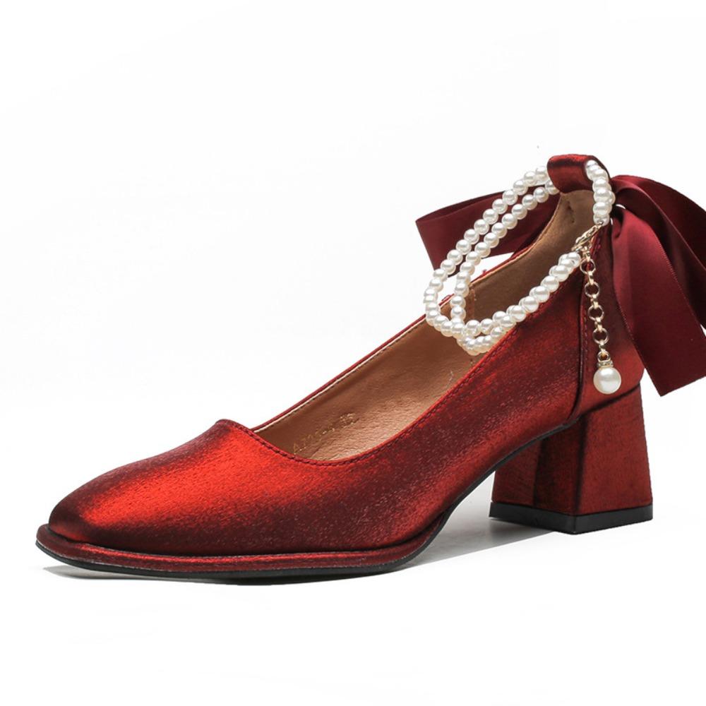 2025 New French-Style Women's Wedding Shoes - Bowknot Fairy Bridesmaid Shoes, Two-Way Wear Block Heel, Comfortable Non-Tiring Feet, StyleXCY34-888-200