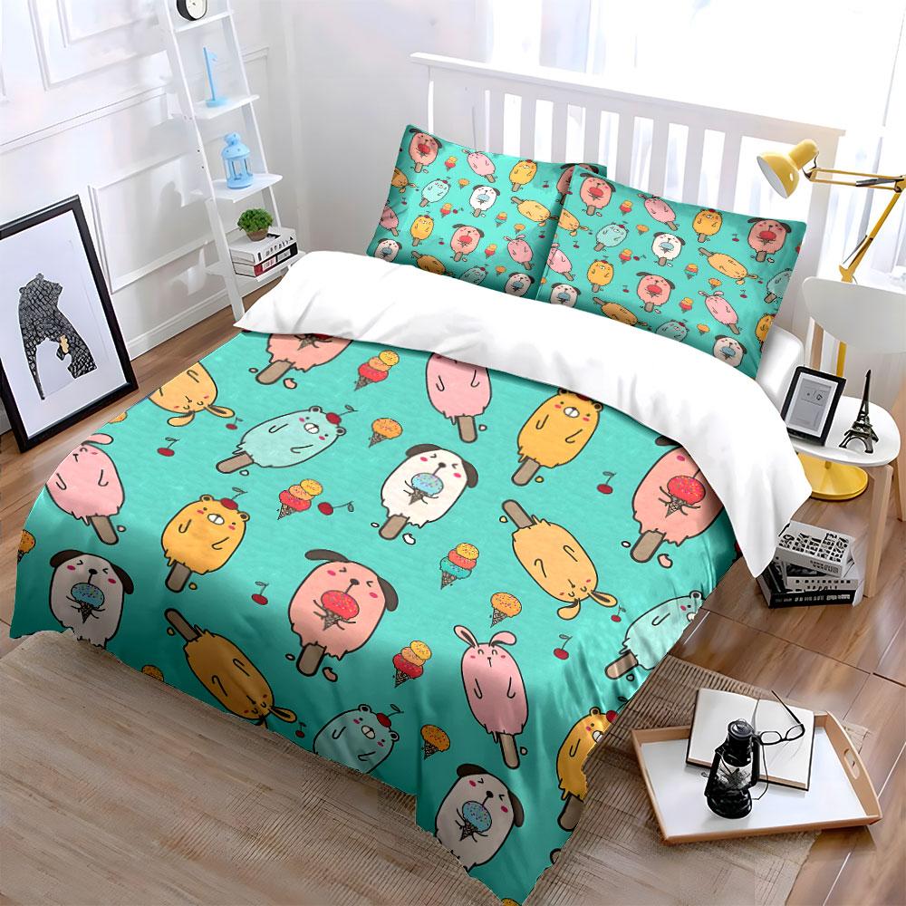 Cartoon Ice Cream Animals Pattern Bedding Duvet Cover Set (1*Duvet Cover 2*Pillowcases, Without Duvet Insert)