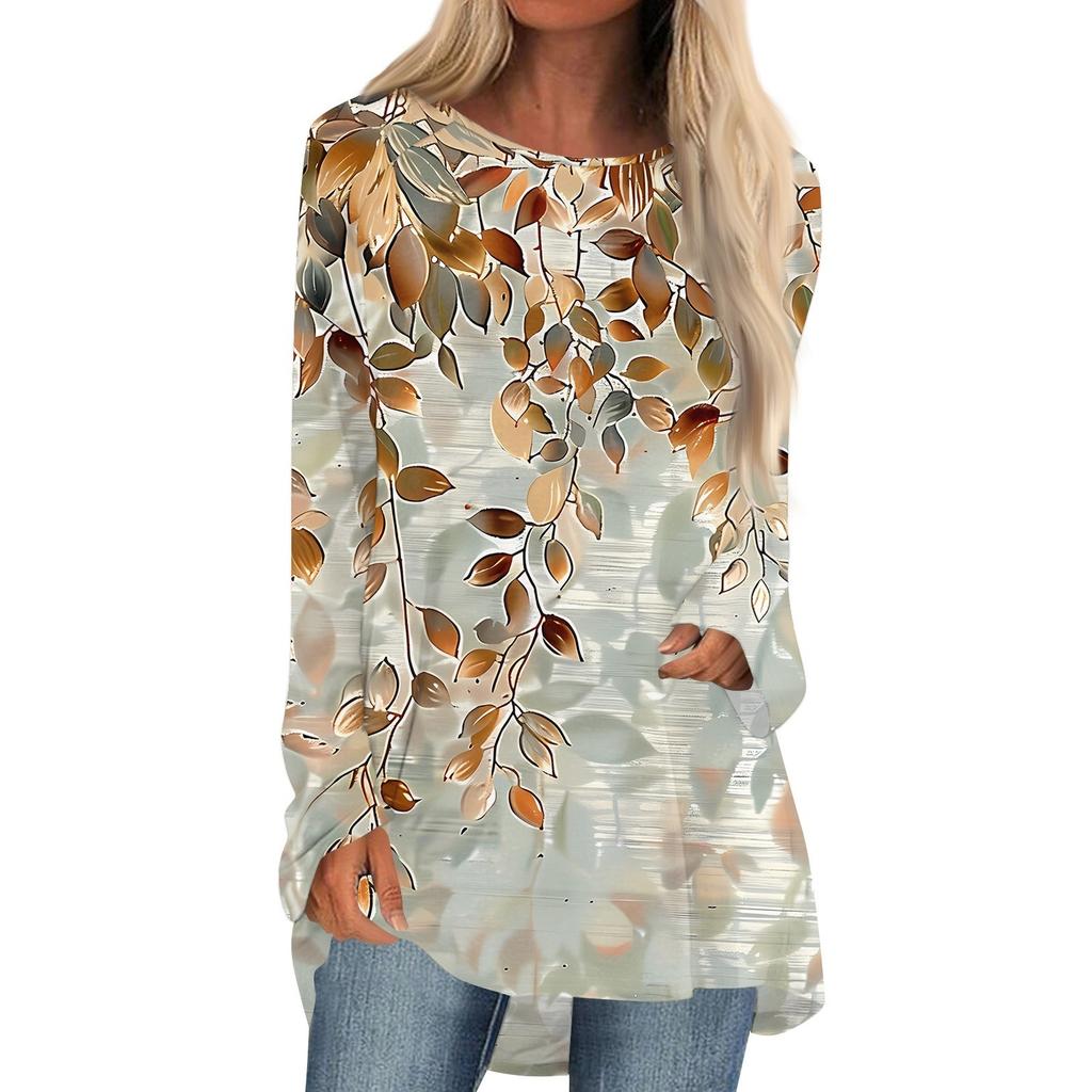 Women's Fashion Casual Long Sleeve Print Round Neck Pullover Top Blouse