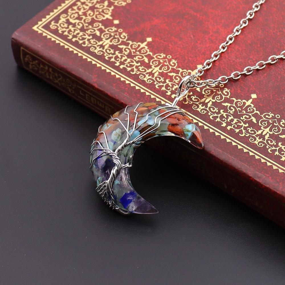 

Chakela Natural Crystal Gravel Resin Winding Tree Of Life Moon Pendant Crescent Necklace N755