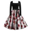 Women Vintage Long Sleeve Square Neck Dress Halloween Party Printed Full Skirt Retro Style Midi Dress with Waist Tie