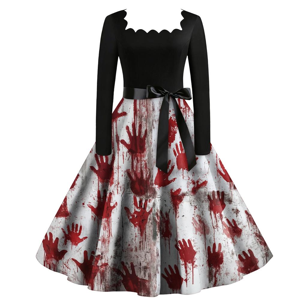 Women Vintage Long Sleeve Square Neck Dress Halloween Party Printed Full Skirt Retro Style Midi Dress with Waist Tie
