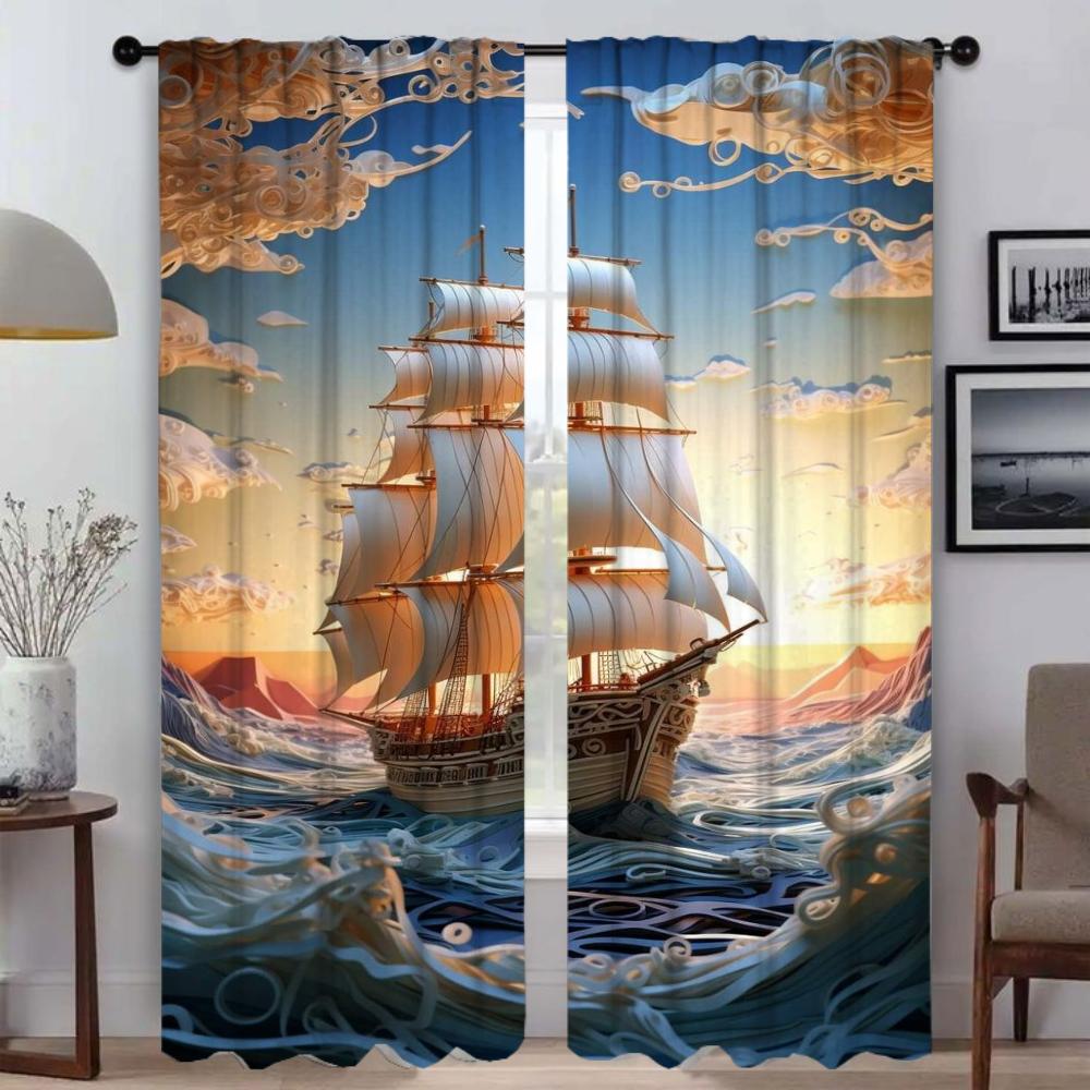 Window Curtain Room Panel Ship Illustration Partition Curtains Halloween Decoration Home Interior Shades Light Blocking Made Of Polyester