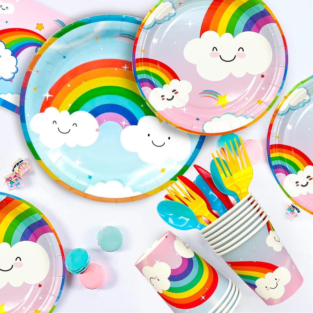 141pcs Rainbow Party Supplies,Rainbow Party Tableware Set - Rainbow Plates Cups Napkins Table Cloths for Baby Shower, Rainbow Birthday Party Supplies