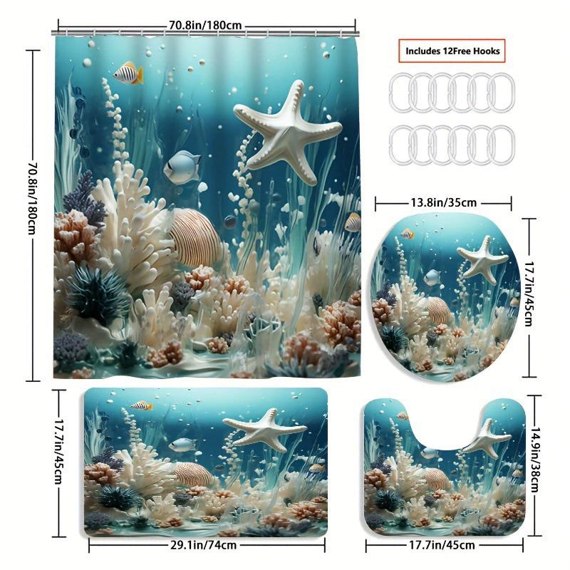 Ensemble de salle de bain récif corallien sous-marin enchanteur - Rideau de douche imperméable, Housse de couvercle de toilette, Tapis de bain et Tapis contour