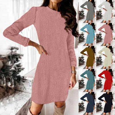 Moda femei decolteu rotund de lungime mijlocie rochie lejeră de pluș rochie casual pulover