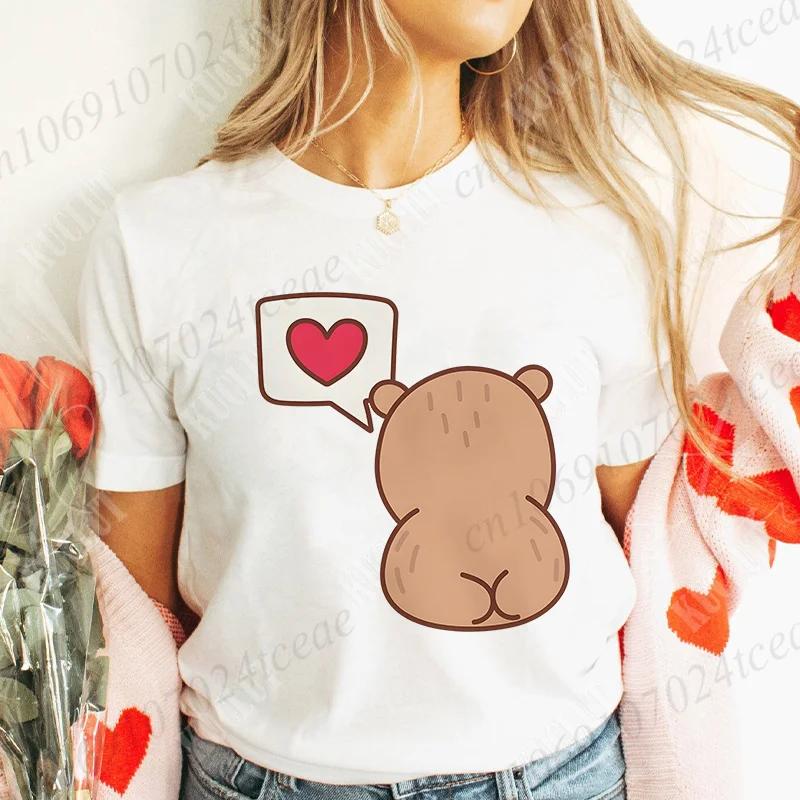 Love Heart Capybara Female Clothing Casual Tshirt Women Summer Harajuku Shirts Cute Graphic Tops Fashion Valentines Day Tees