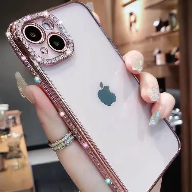 iPhone 17 Pro Max Rhinestone Lens Case: Drop-Proof, Electroplated Soft Shell, Transparent, Compatible with iPhone 14/13