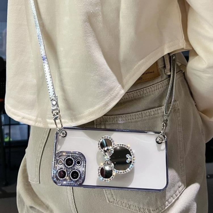 Applicable To Apple 16 Promax Mobile Phone Case IPhone 14 Cartoon Mirror Bracket 13 New Women 12 Crossbody Rope 15
