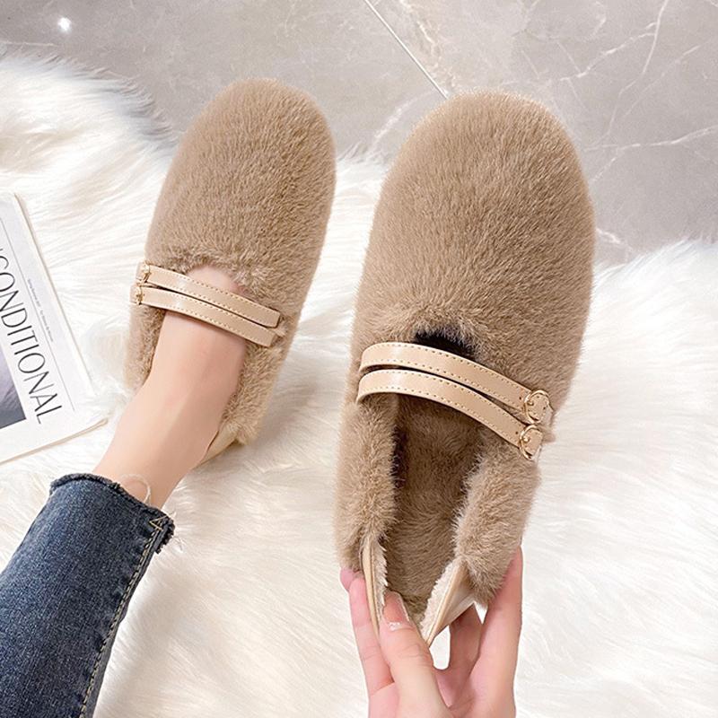 Fashion Elegant Belt Buckle Fur Mocasines Women Rabbit Hair Flats Winter Warm Plush Wool Shoes Ladies Slip On Loafers Furry Ballerinas