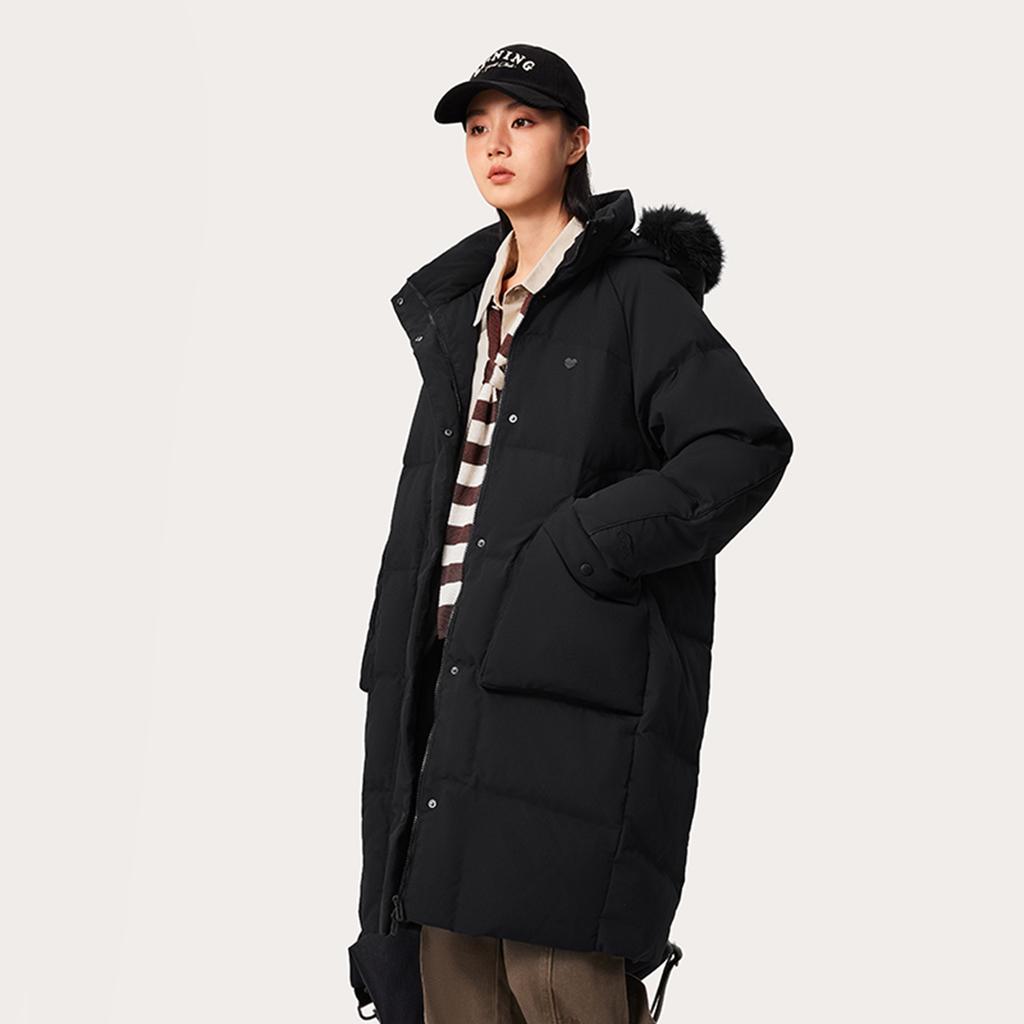 Li Ning Sports Trend Series Casual Simple Comfortable Loose Cold Resistant Warm Outdoor Solid Color Long Down Jacket Women Outerwear Black AYMU192-3