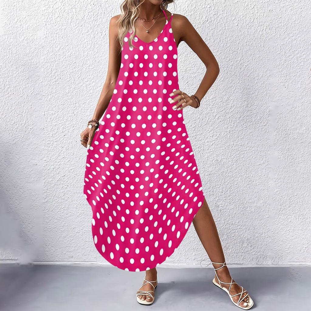 Women V Neck Polka Dot Printed Sleeveless Maxi Dress with Pockets Loose Fit Casual Beach Long Sundress for Summer