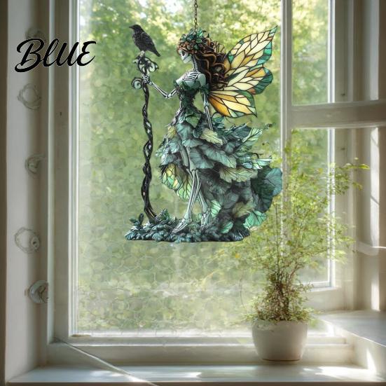 Home Interior Decorations Stained Glass Style Skeleton Fairy Window Hanging Suncatcher Acrylic Decorative Ornament with Butterfly Wings Elegant Party