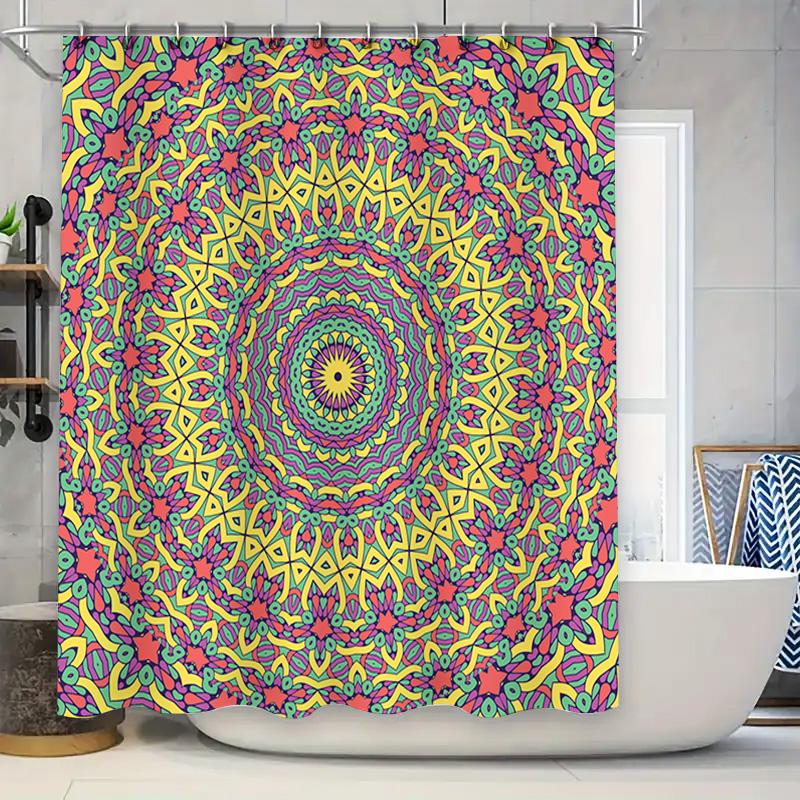 

Colorful Mandala Shower Curtain Decorative Home Bathroom Fabric Waterproof Print 84X72 In (6 Pack Grommets) Pink Yellow Green Bl W60H190(CM)-1 Pcs