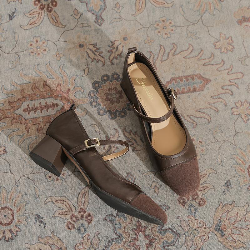 875-2 Temperament retro small square head thick heel Mary Jane single shoes women's one-word buckle 2025 new versatile high heels