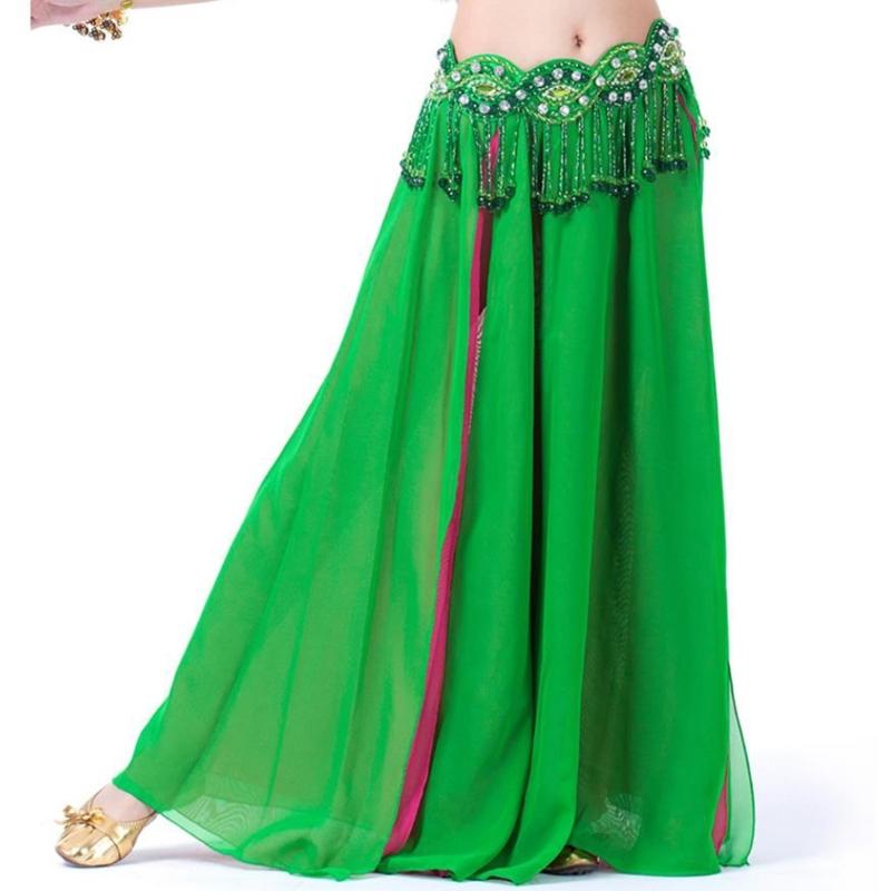 Belly Dance Skirt Double Slits Dance Training Dress Chiffon Long Skirt for Professional and Beginner