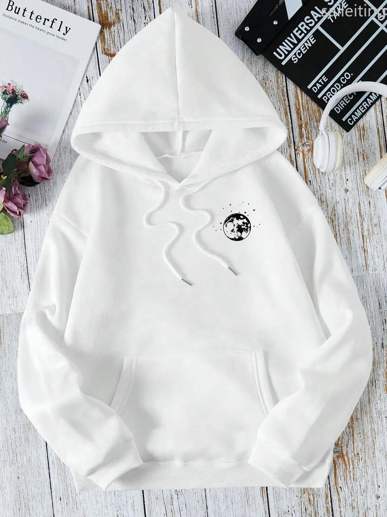 New with Different Moon Prints Front and Back Printed kangaroo pocket Hoodies Casual and Fashionable Women's Clothing