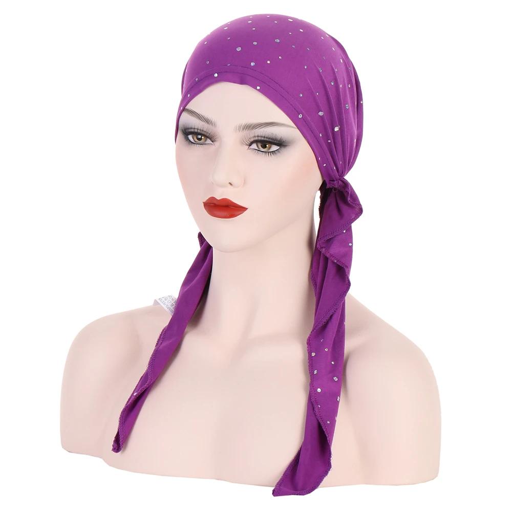 New Muslim Inner Hijab Turban Women Pre-Tied Cap Long Tail Headscarf Wrap Beanies Bonnet Head Scarf Stretch Headwear Ninja Hat