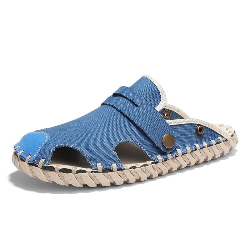 Fashion Breathable Hand sewn canvas casual slippers Trendy men's design styles Street outdoor walking Black daily shoes summer New Flat